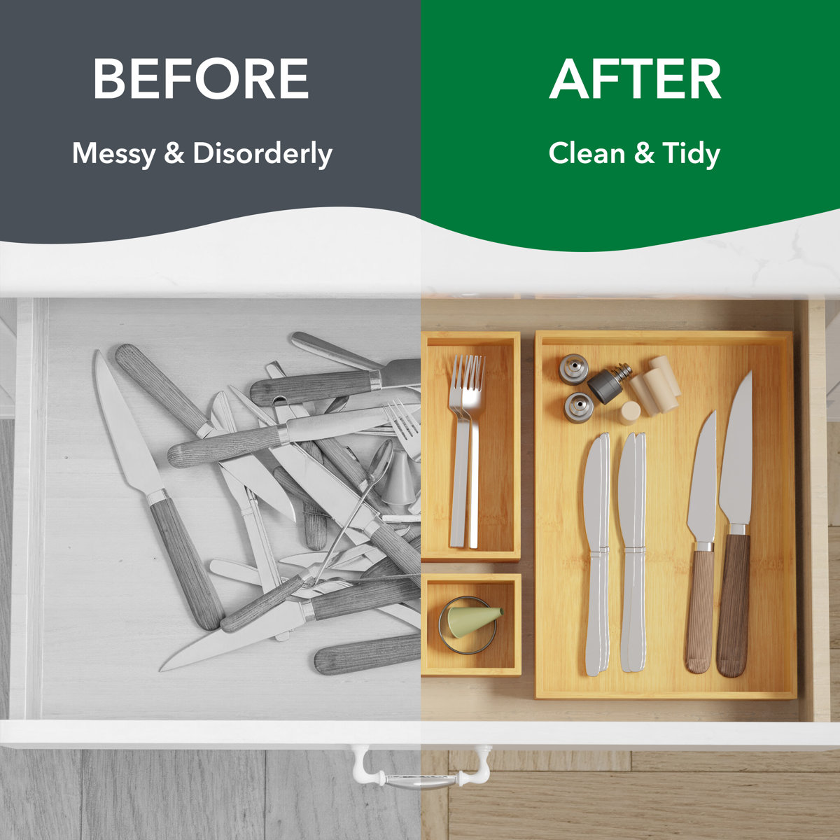 7-Piece Bamboo Drawer Organizer Set, Multi-Use Wood Tray Divider Bins for Kitchen, Bathroom, Office Desk and Makeup Organization